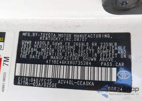 2008 Toyota Camry Se from USA, damaged, VIN 4T1BE46KX8U735384